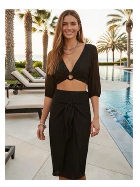 Tori Praver Swimwear 𒀭Bri Midi Metallic Lurex Thread Wrap Skirt 𒀭Black 𒀭Small